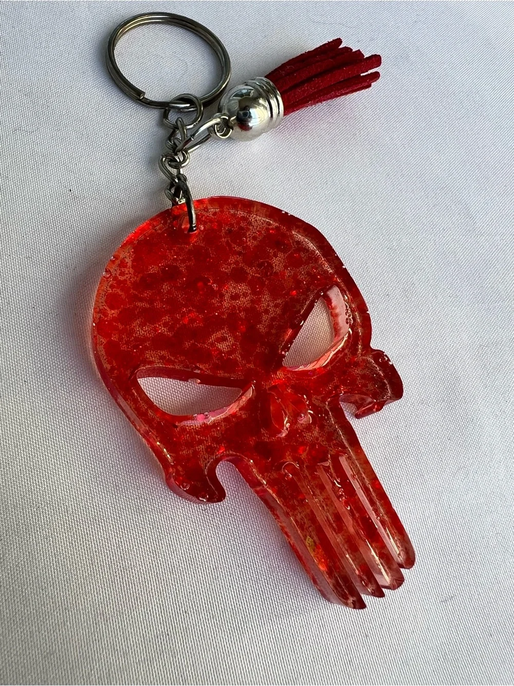 Large Red Sparkle Resin Punisher Skull Keychain Handmade Glitter Key Ring